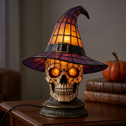 Owl Stained Glass Witch Hat Lamp - Skull lifestyle photo | b13-bc60b052
