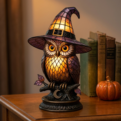 Owl Stained Glass Witch Hat Lamp - Owl lifestyle photo | b13-984cc3ab