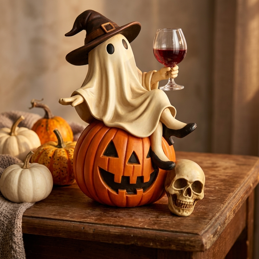 Ghost on Pumpkin Figurine with Wine Glass lifestyle | b13-7c9fa07b