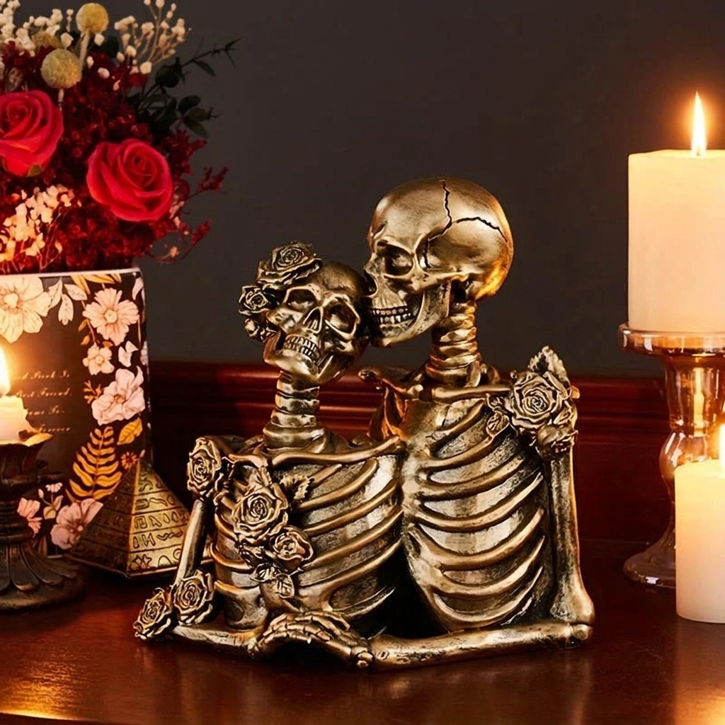 Gothic Skeleton Couple Figurine - Holding Hands / Antique Gold lifestyle | b13-160eb54b