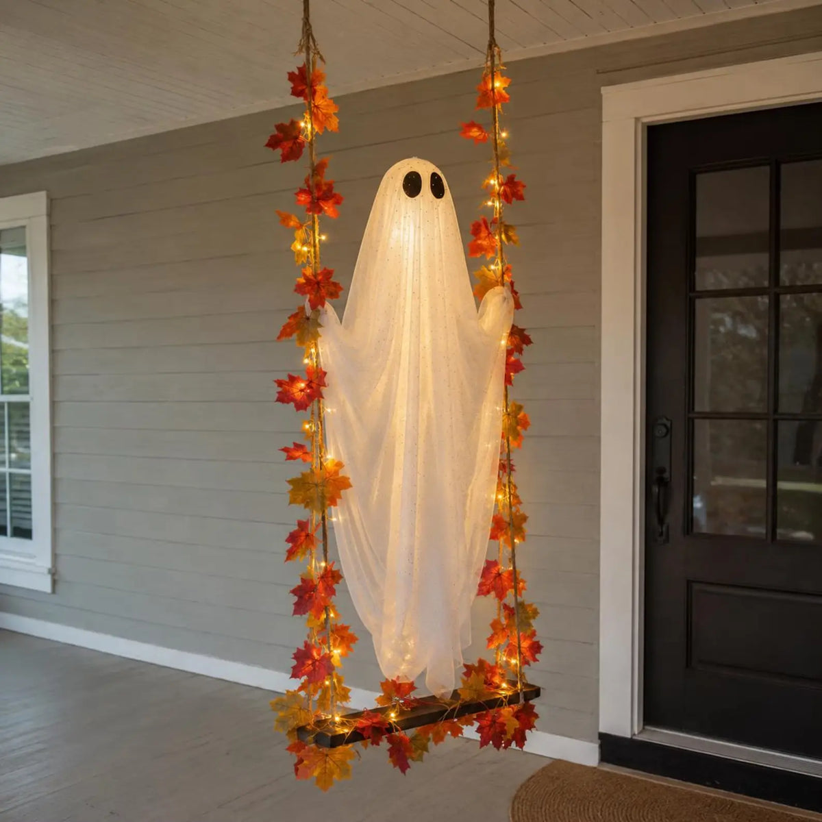 Hanging LED Ghost Halloween Decoration with Autumn Maple Leaf Ropes, Battery Powered Porch Light