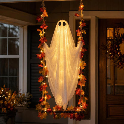 Hanging LED Ghost Halloween Decoration with Autumn Maple Leaf Ropes, Battery Powered Porch Light