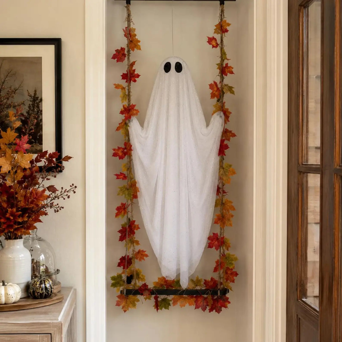 Hanging LED Ghost Halloween Decoration with Autumn Maple Leaf Ropes, Battery Powered Porch Light