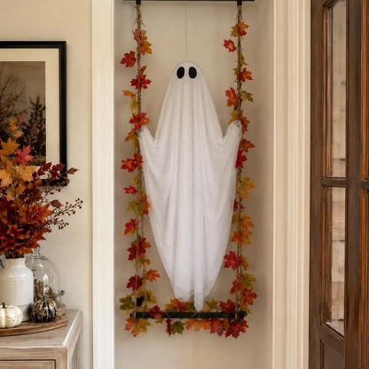 Hanging LED Ghost Halloween Decoration with Autumn Maple Leaf Ropes, Battery Powered Porch Light