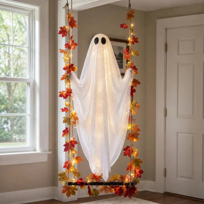 Hanging LED Ghost Halloween Decoration with Autumn Maple Leaf Ropes, Battery Powered Porch Light