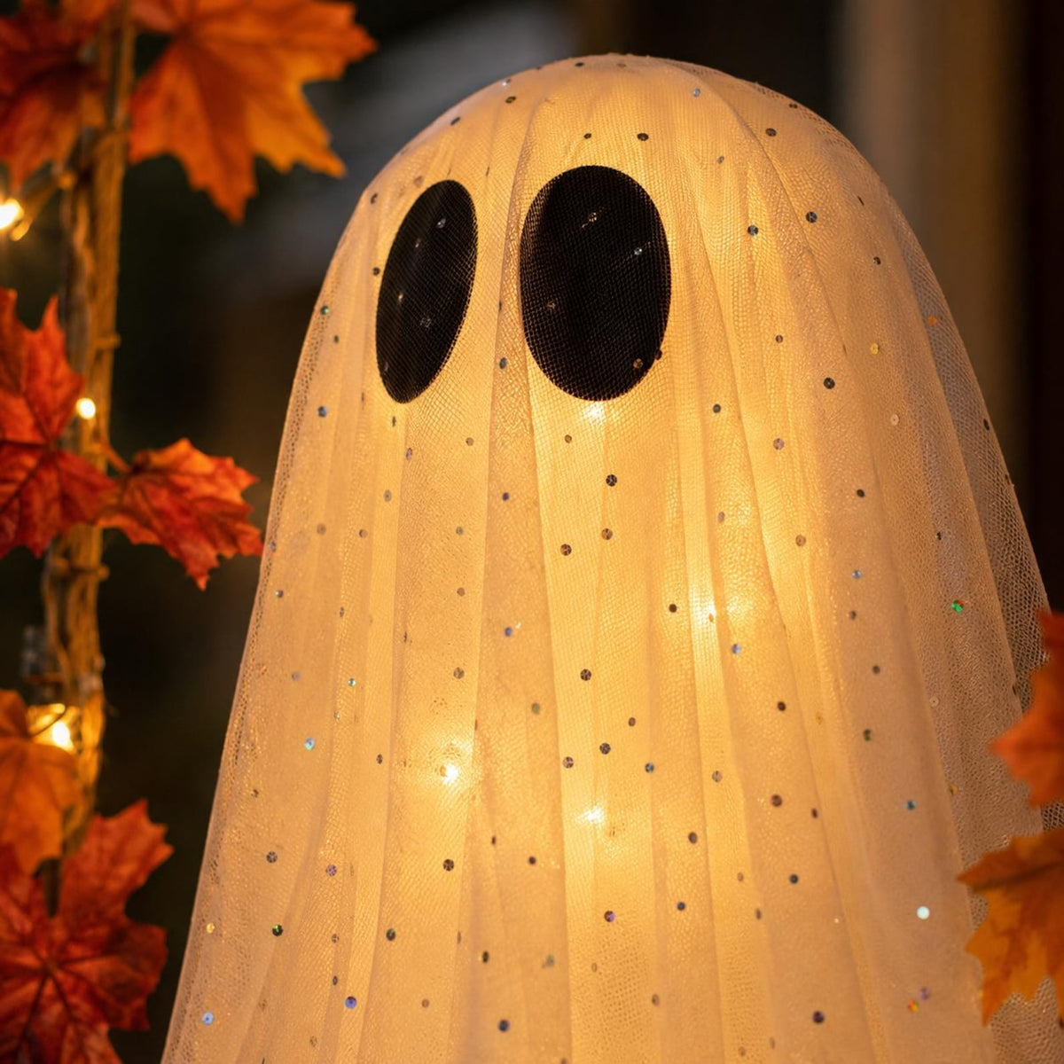 Hanging LED Ghost Halloween Decoration with Autumn Maple Leaf Ropes, Battery Powered Porch Light