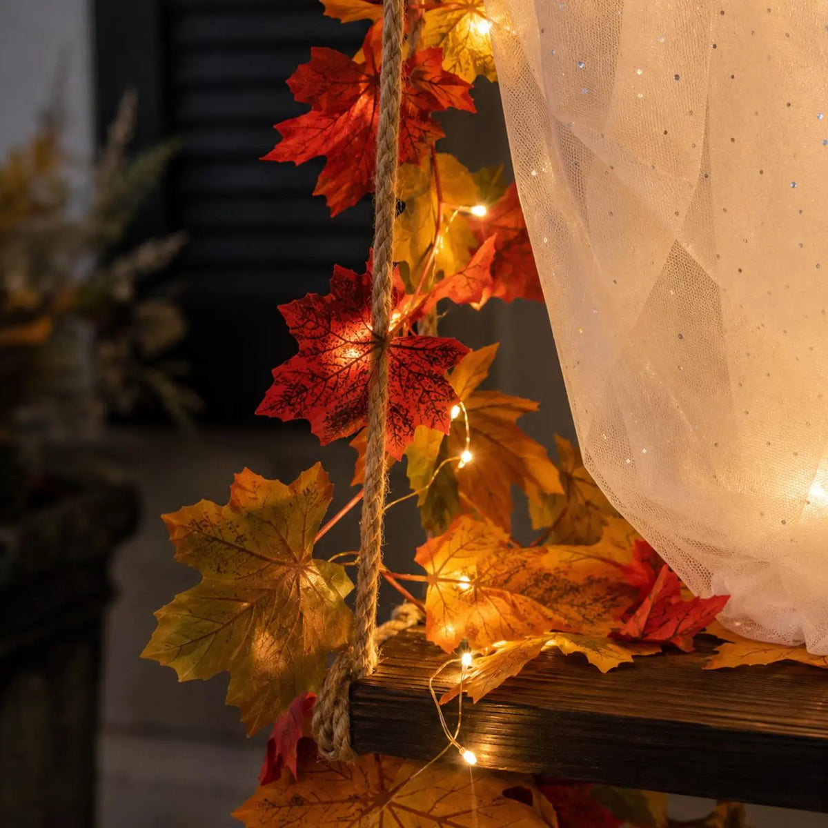 Hanging LED Ghost Halloween Decoration with Autumn Maple Leaf Ropes, Battery Powered Porch Light