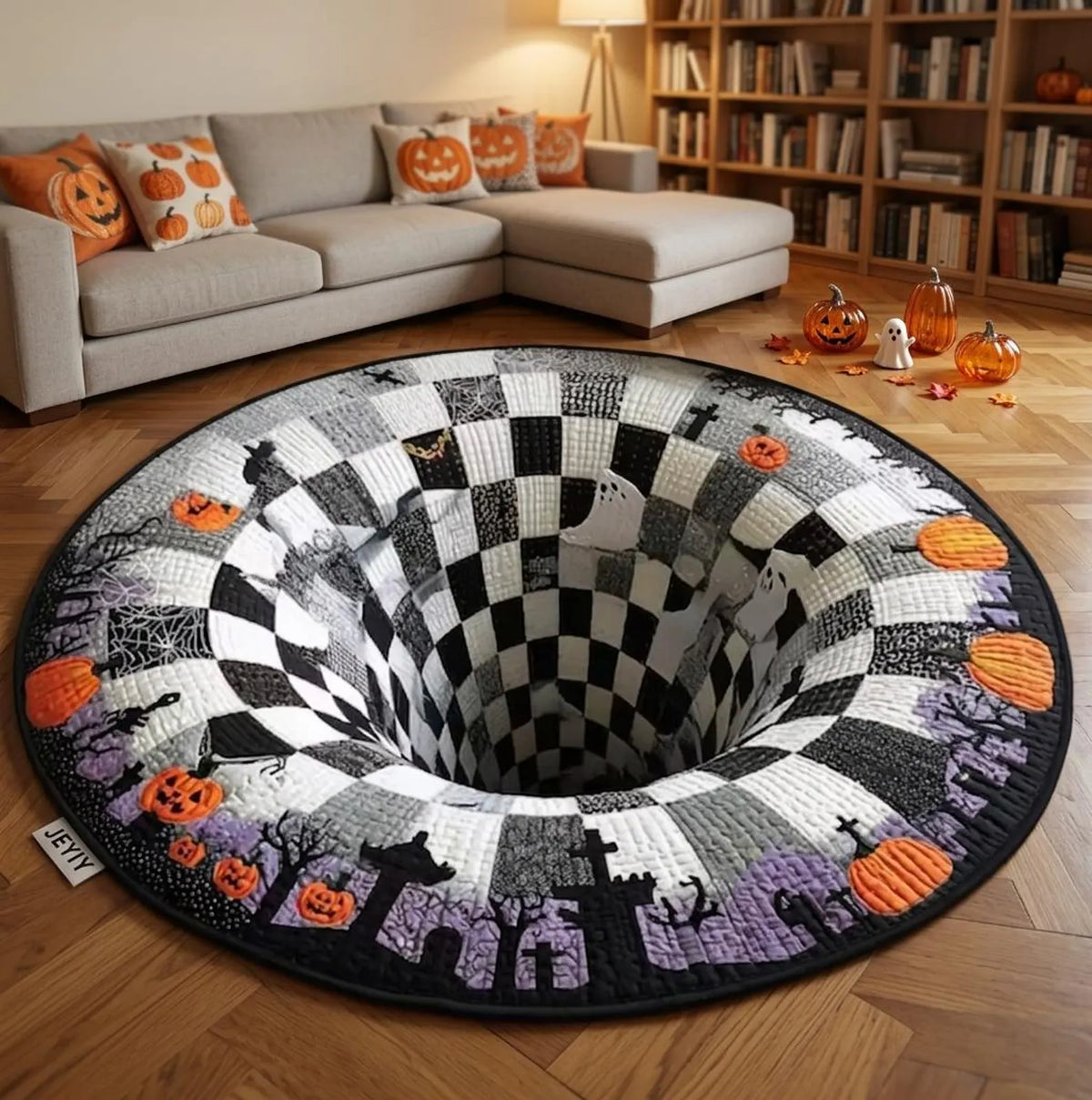 3D Optical Illusion Round Rug, Waterproof Non Slip Halloween Floor Mat in 5 Designs and 3 Sizes