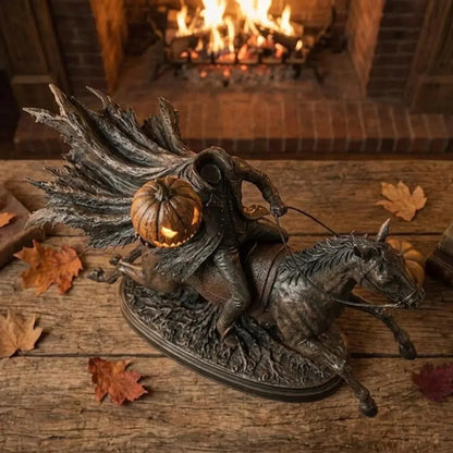 Headless Horseman Statue with Glowing Pumpkin, Antique Bronze Resin Halloween Figurine for Mantel