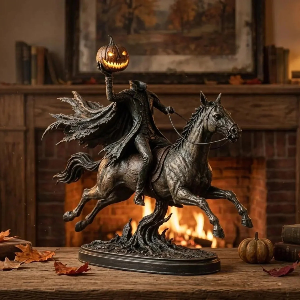Headless Horseman Statue with Glowing Pumpkin, Antique Bronze Resin Halloween Figurine for Mantel