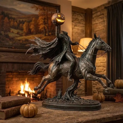 Headless Horseman Statue with Glowing Pumpkin, Antique Bronze Resin Halloween Figurine for Mantel