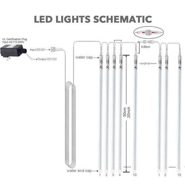 LED Dripping Icicle Lights Outdoor Christmas Cascading Meteor Shower 8 Tubes 20 Inch Linkable Set