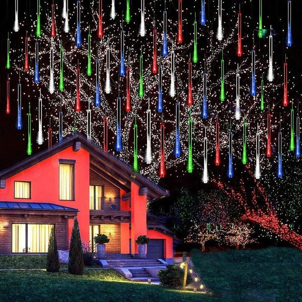 LED Dripping Icicle Lights Outdoor Christmas Cascading Meteor Shower 8 Tubes 20 Inch Linkable Set