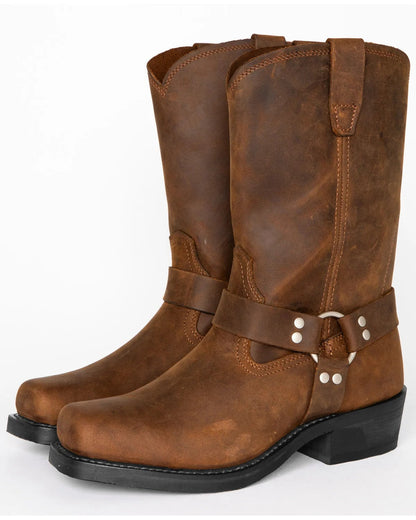 Mens 11 Inch Leather Harness Boots with Waterproof Top Grain Leather Upper and Oil Resistant Sole