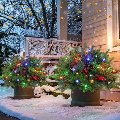 Pre Lit Artificial Christmas Urn Filler with 35 Warm White LED Lights Timer and Three Prong Stake