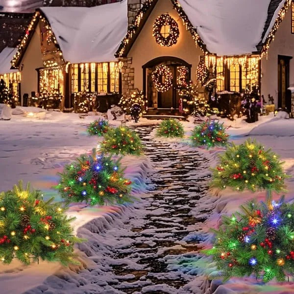Pre Lit Artificial Christmas Urn Filler with 35 Warm White LED Lights Timer and Three Prong Stake