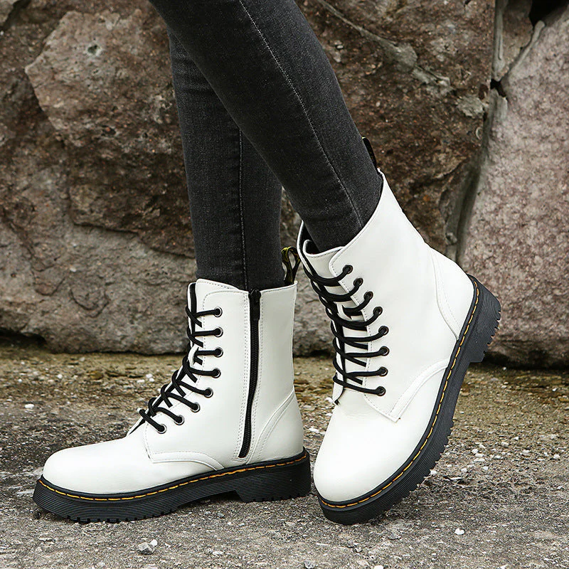 Womens Lace Up Ankle Boots with Side Zipper Comfortable Block Heel Boots Rubber Sole Black or White