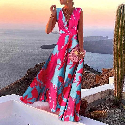 Womens Sleeveless V Neck Maxi Dress with Fitted Waist Soft Breathable Long Summer Dress S to 3XL