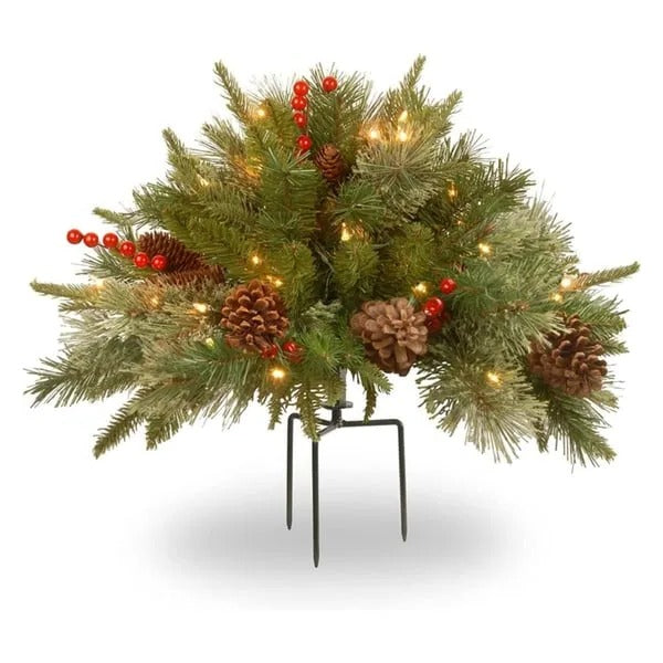 Pre Lit Artificial Christmas Urn Filler with 35 Warm White LED Lights Timer and Three Prong Stake