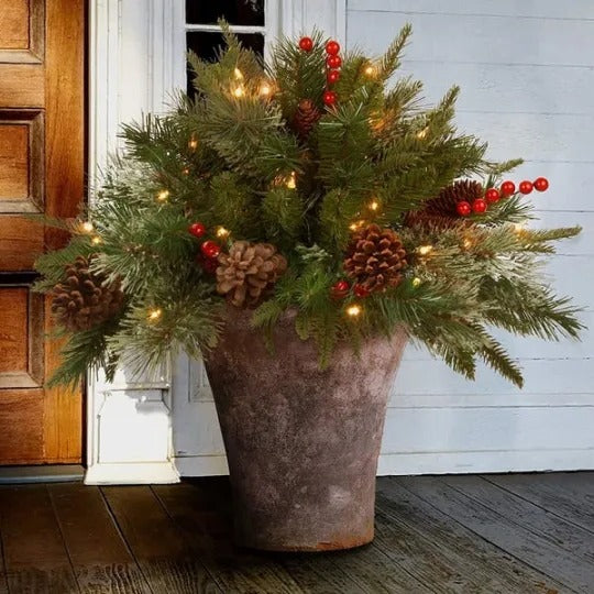 Pre Lit Artificial Christmas Urn Filler with 35 Warm White LED Lights Timer and Three Prong Stake