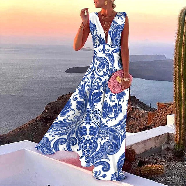 Womens Sleeveless V Neck Maxi Dress with Fitted Waist Soft Breathable Long Summer Dress S to 3XL