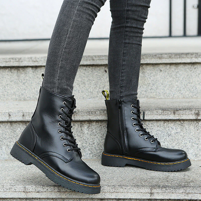 Womens Lace Up Ankle Boots with Side Zipper Comfortable Block Heel Boots Rubber Sole Black or White