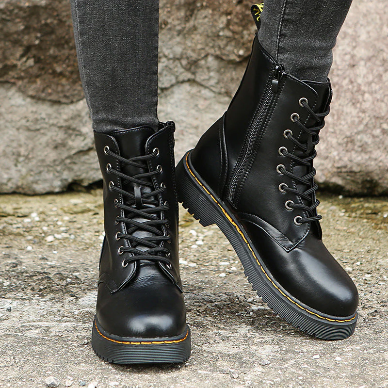 Womens Lace Up Ankle Boots with Side Zipper Comfortable Block Heel Boots Rubber Sole Black or White