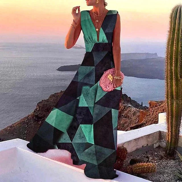 Womens Sleeveless V Neck Maxi Dress with Fitted Waist Soft Breathable Long Summer Dress S to 3XL