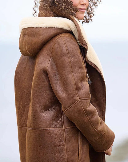 Womens Long Winter Down Jacket with Adjustable Hood Warm Parka Style Coat in Brown Sizes S to 2XL