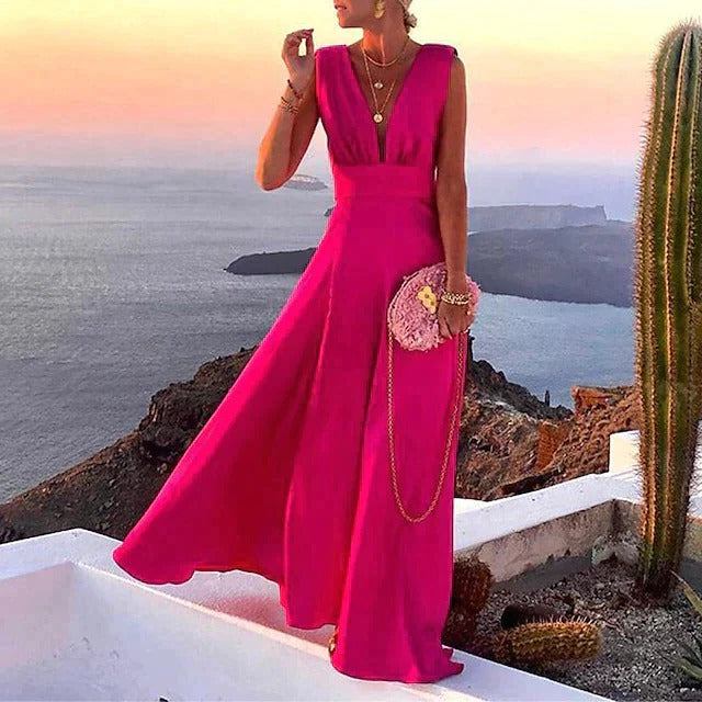 Womens Sleeveless V Neck Maxi Dress with Fitted Waist Soft Breathable Long Summer Dress S to 3XL