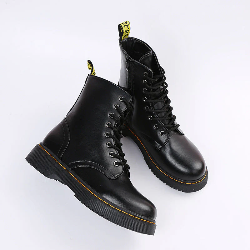 Womens Lace Up Ankle Boots with Side Zipper Comfortable Block Heel Boots Rubber Sole Black or White