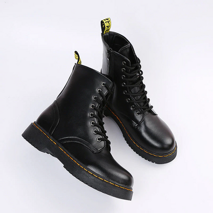 Womens Lace Up Ankle Boots with Side Zipper Comfortable Block Heel Boots Rubber Sole Black or White