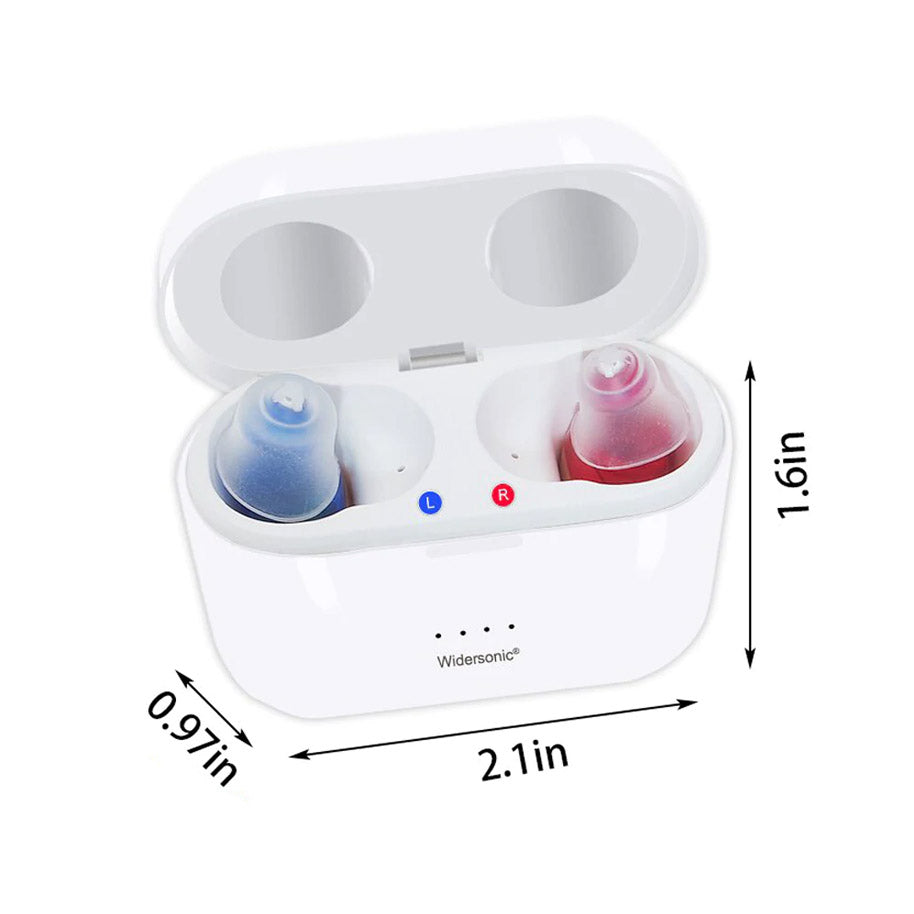 Rechargeable Discreet In Canal Hearing Amplifiers, Pair with Charging Case and USB Cable