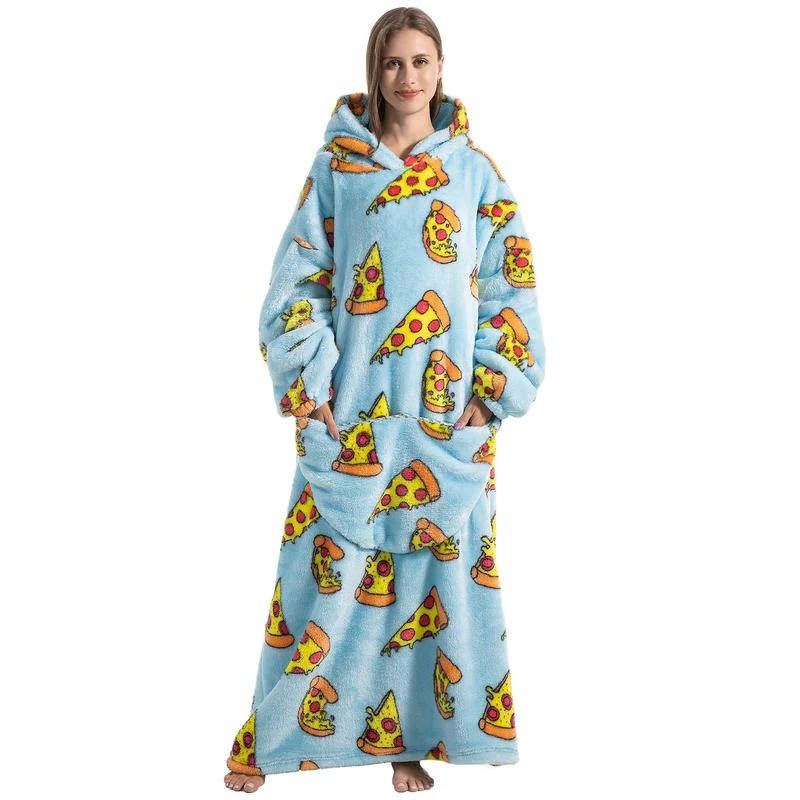 Long Wearable Blanket Hoodie Oversized Sherpa Fleece Hooded Blanket with Kangaroo Pocket for Adults