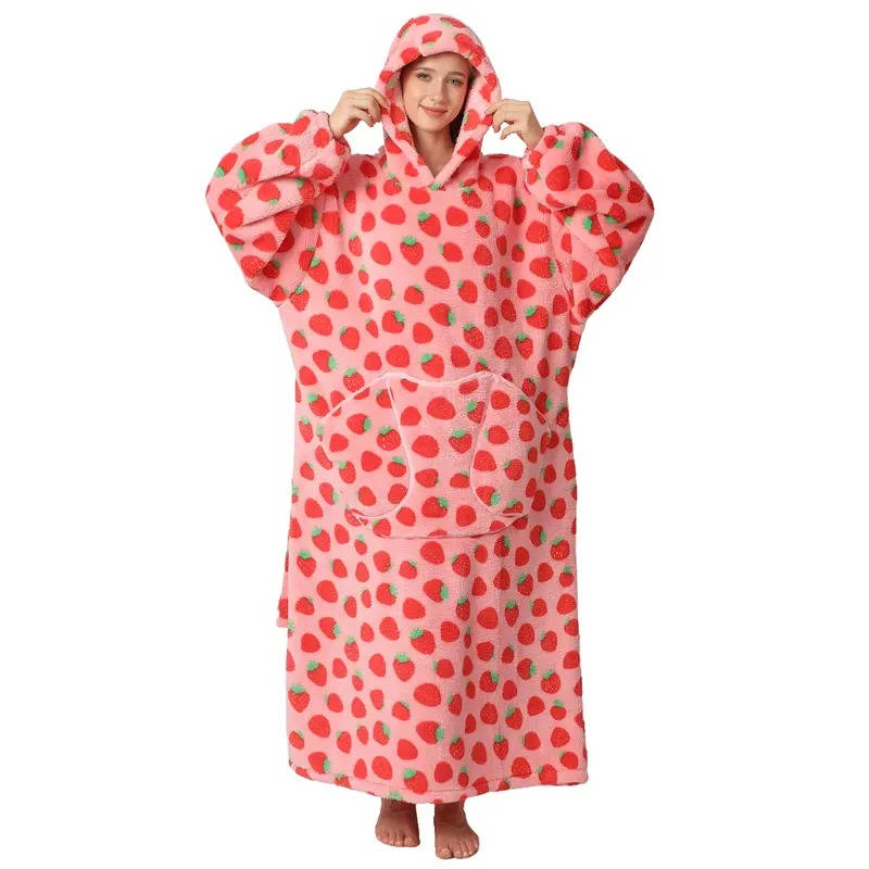 Long Wearable Blanket Hoodie Oversized Sherpa Fleece Hooded Blanket with Kangaroo Pocket for Adults