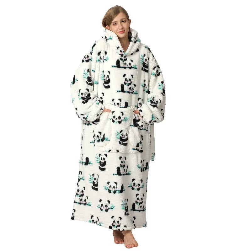 Long Wearable Blanket Hoodie Oversized Sherpa Fleece Hooded Blanket with Kangaroo Pocket for Adults