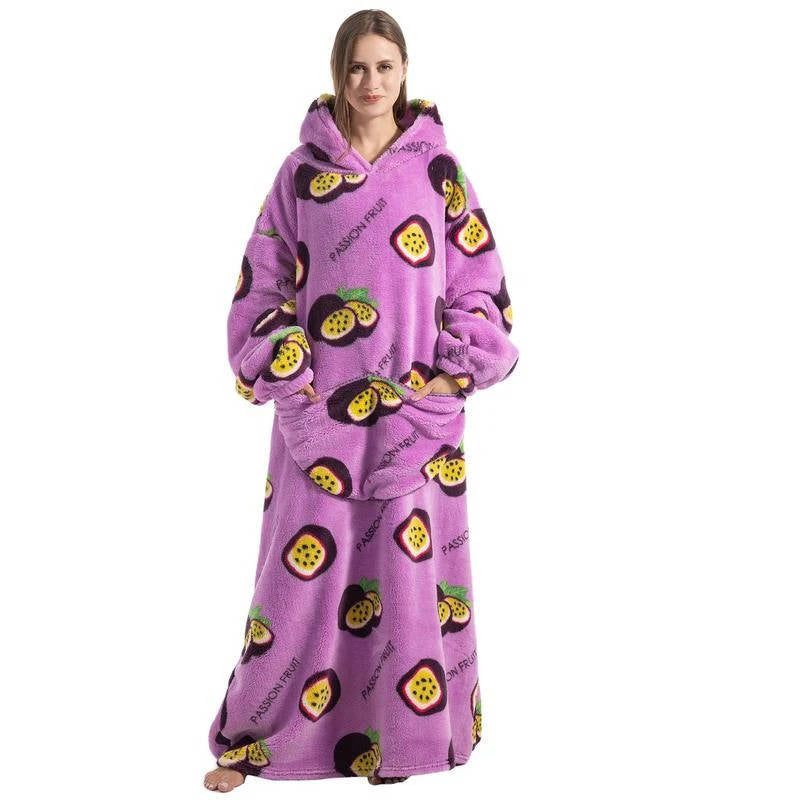 Long Wearable Blanket Hoodie Oversized Sherpa Fleece Hooded Blanket with Kangaroo Pocket for Adults