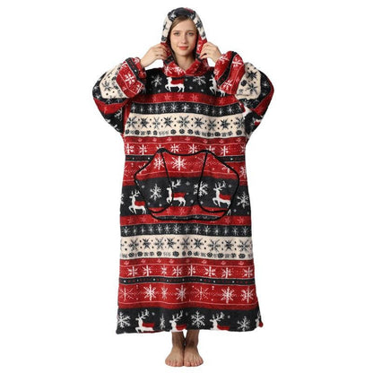 Long Wearable Blanket Hoodie Oversized Sherpa Fleece Hooded Blanket with Kangaroo Pocket for Adults