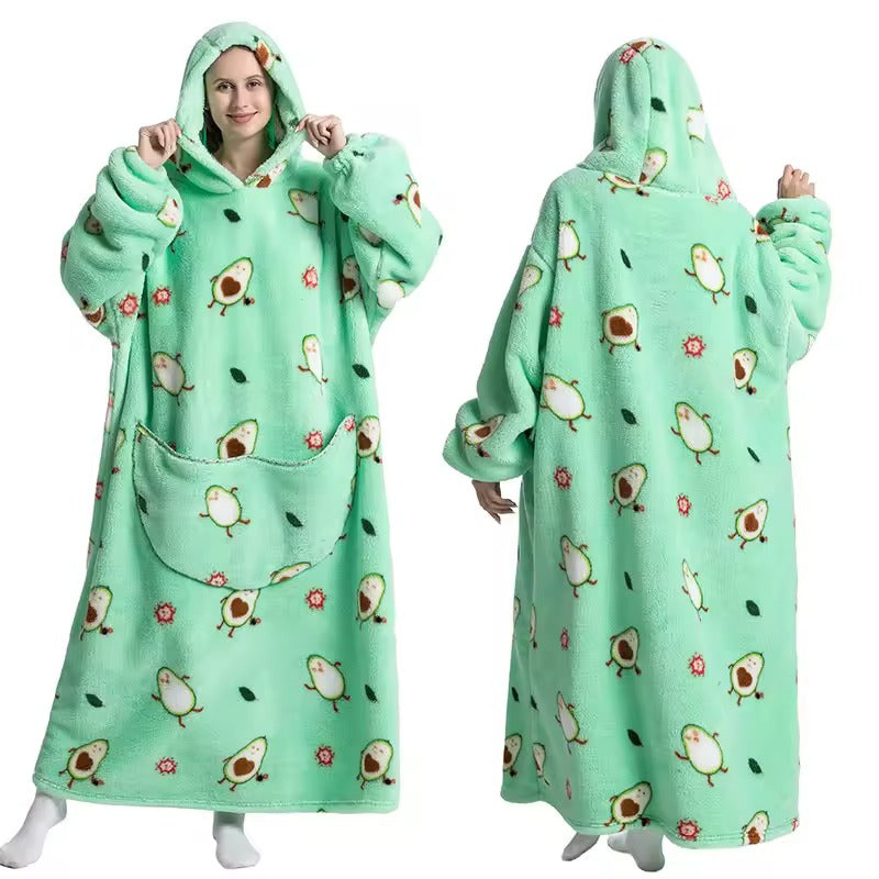 Long Wearable Blanket Hoodie Oversized Sherpa Fleece Hooded Blanket with Kangaroo Pocket for Adults