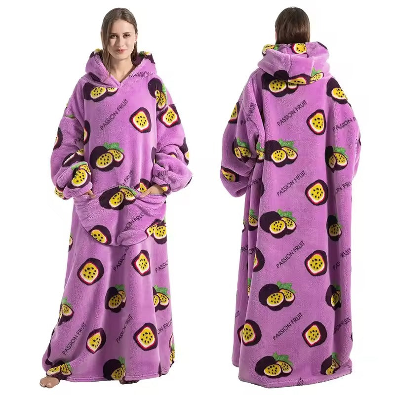 Long Wearable Blanket Hoodie Oversized Sherpa Fleece Hooded Blanket with Kangaroo Pocket for Adults