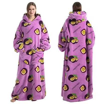 Long Wearable Blanket Hoodie Oversized Sherpa Fleece Hooded Blanket with Kangaroo Pocket for Adults