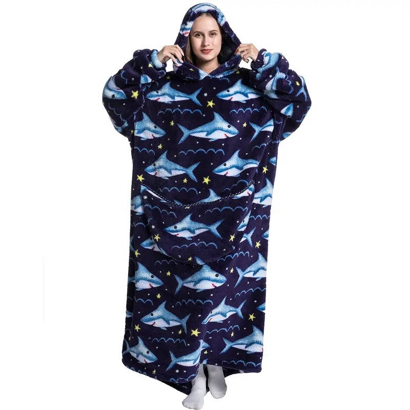 Long Wearable Blanket Hoodie Oversized Sherpa Fleece Hooded Blanket with Kangaroo Pocket for Adults