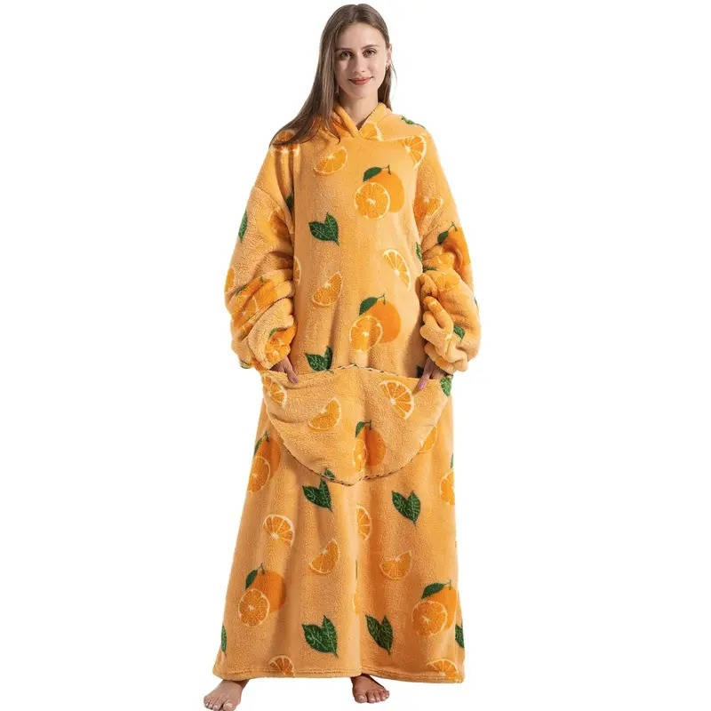 Long Wearable Blanket Hoodie Oversized Sherpa Fleece Hooded Blanket with Kangaroo Pocket for Adults