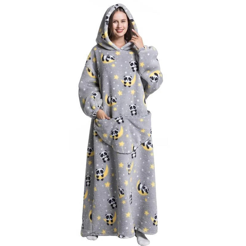 Long Wearable Blanket Hoodie Oversized Sherpa Fleece Hooded Blanket with Kangaroo Pocket for Adults
