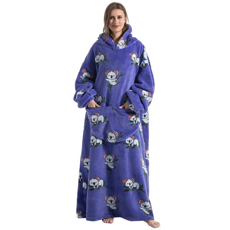 Long Wearable Blanket Hoodie Oversized Sherpa Fleece Hooded Blanket with Kangaroo Pocket for Adults