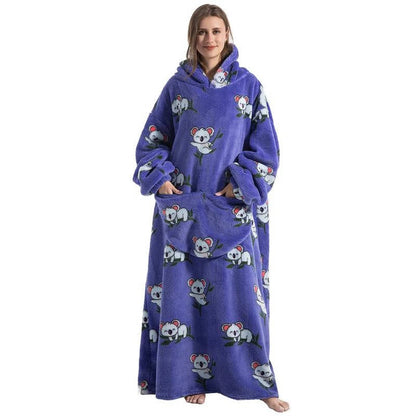 Long Wearable Blanket Hoodie Oversized Sherpa Fleece Hooded Blanket with Kangaroo Pocket for Adults