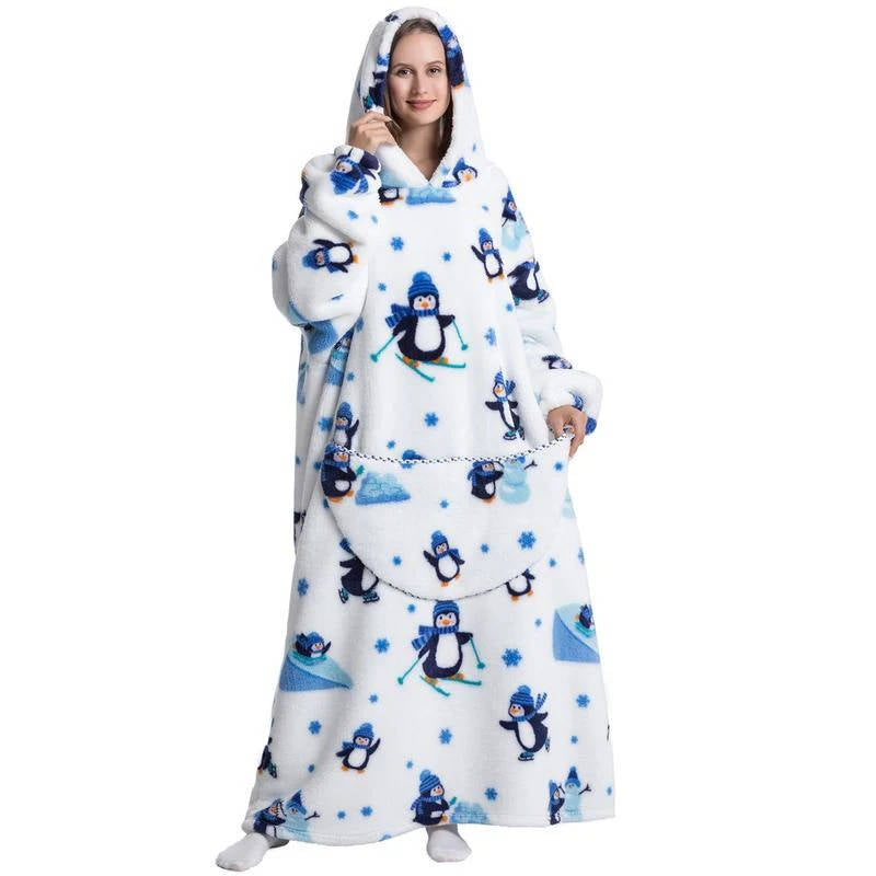 Long Wearable Blanket Hoodie Oversized Sherpa Fleece Hooded Blanket with Kangaroo Pocket for Adults