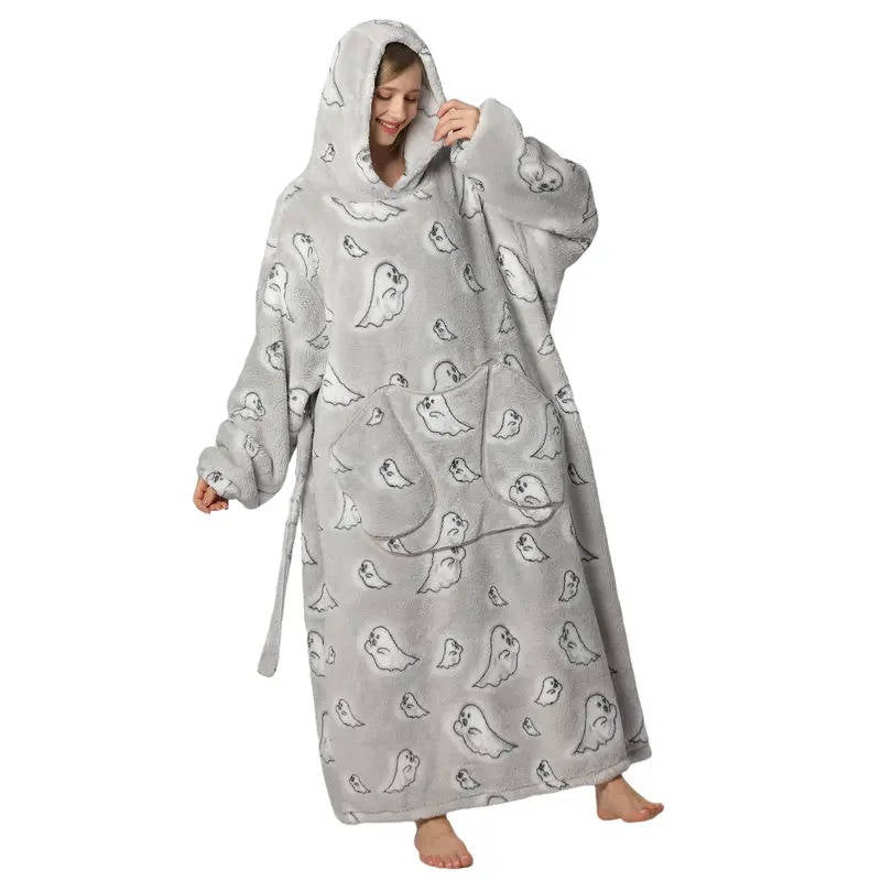 Long Wearable Blanket Hoodie Oversized Sherpa Fleece Hooded Blanket with Kangaroo Pocket for Adults