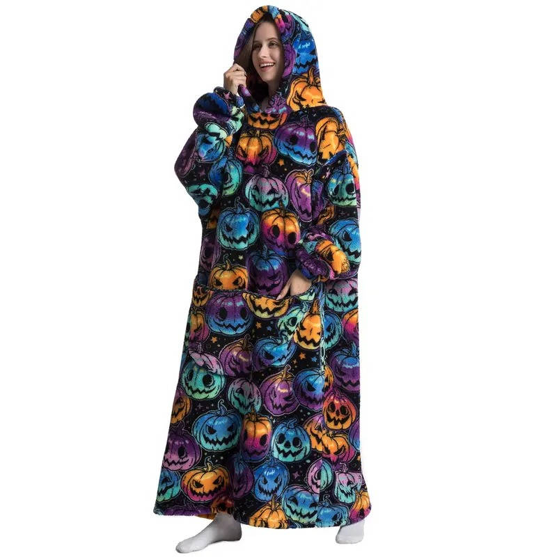 Long Wearable Blanket Hoodie Oversized Sherpa Fleece Hooded Blanket with Kangaroo Pocket for Adults