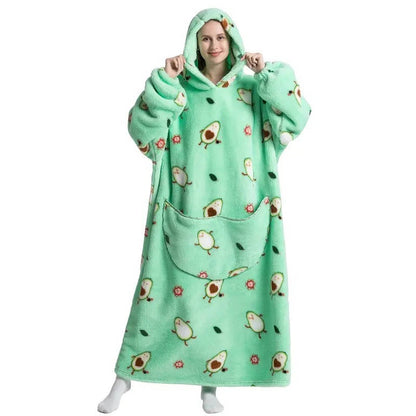 Long Wearable Blanket Hoodie Oversized Sherpa Fleece Hooded Blanket with Kangaroo Pocket for Adults